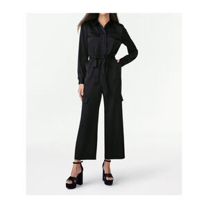 Scoop Womens Jumpsuit Wide Leg Satin Cargo Pockets Black Size XS (0-2)